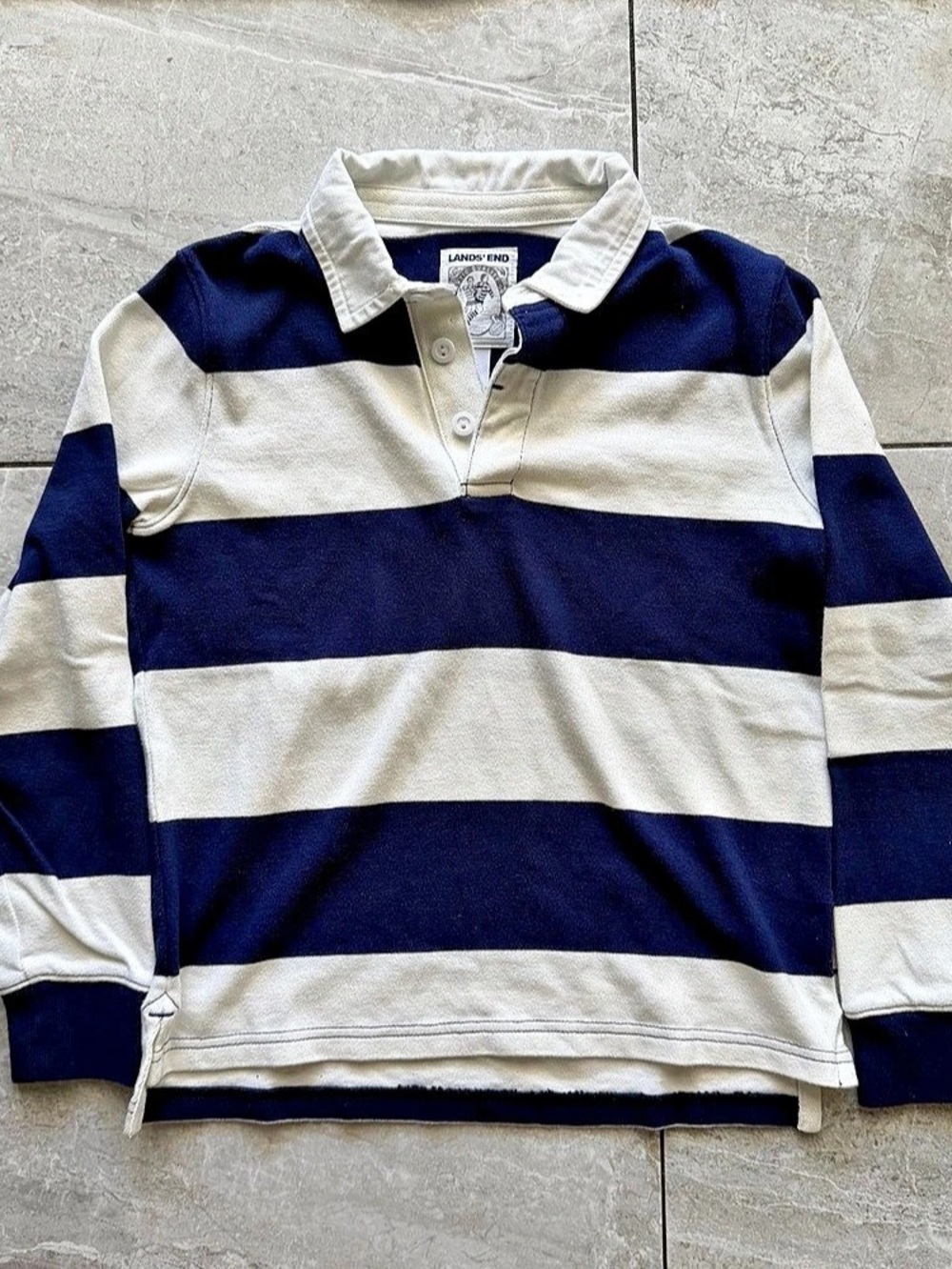 Lands' End Kids Boys Striped Rugby Shirt Boys Medium Striped Rugby Polo Blue &